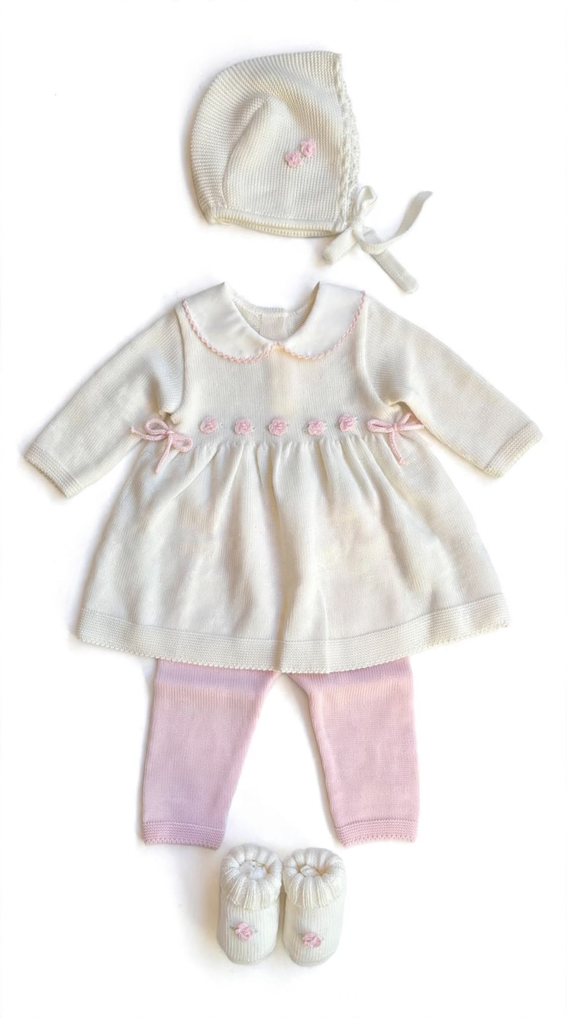 BABY LORD - completo fior di loto lana 100% bianco/rosa - invernale