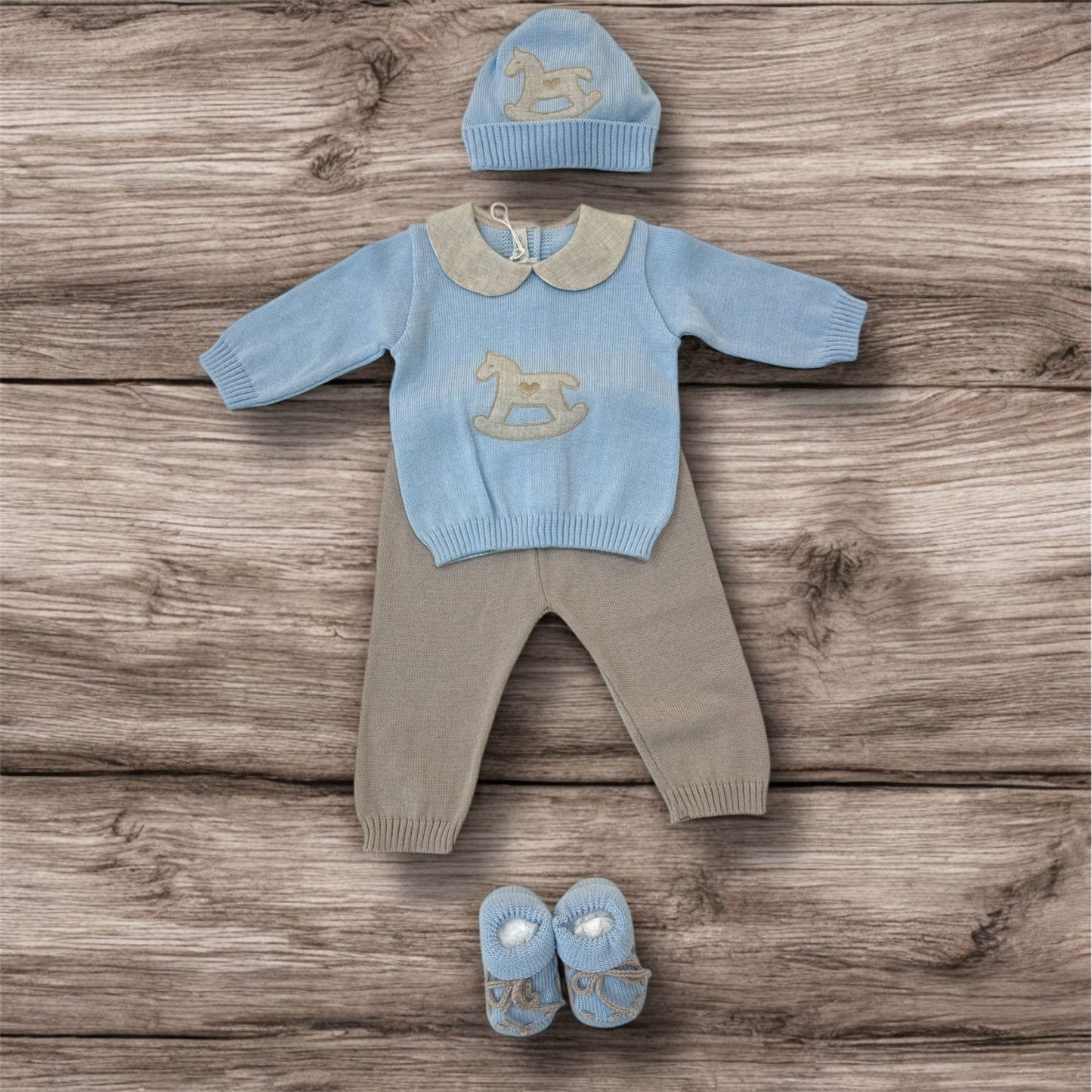 BABY LORD - completo 2pz + cuffietta + scarpine in filo di cotone cavallucci corredino est 25 - BOY