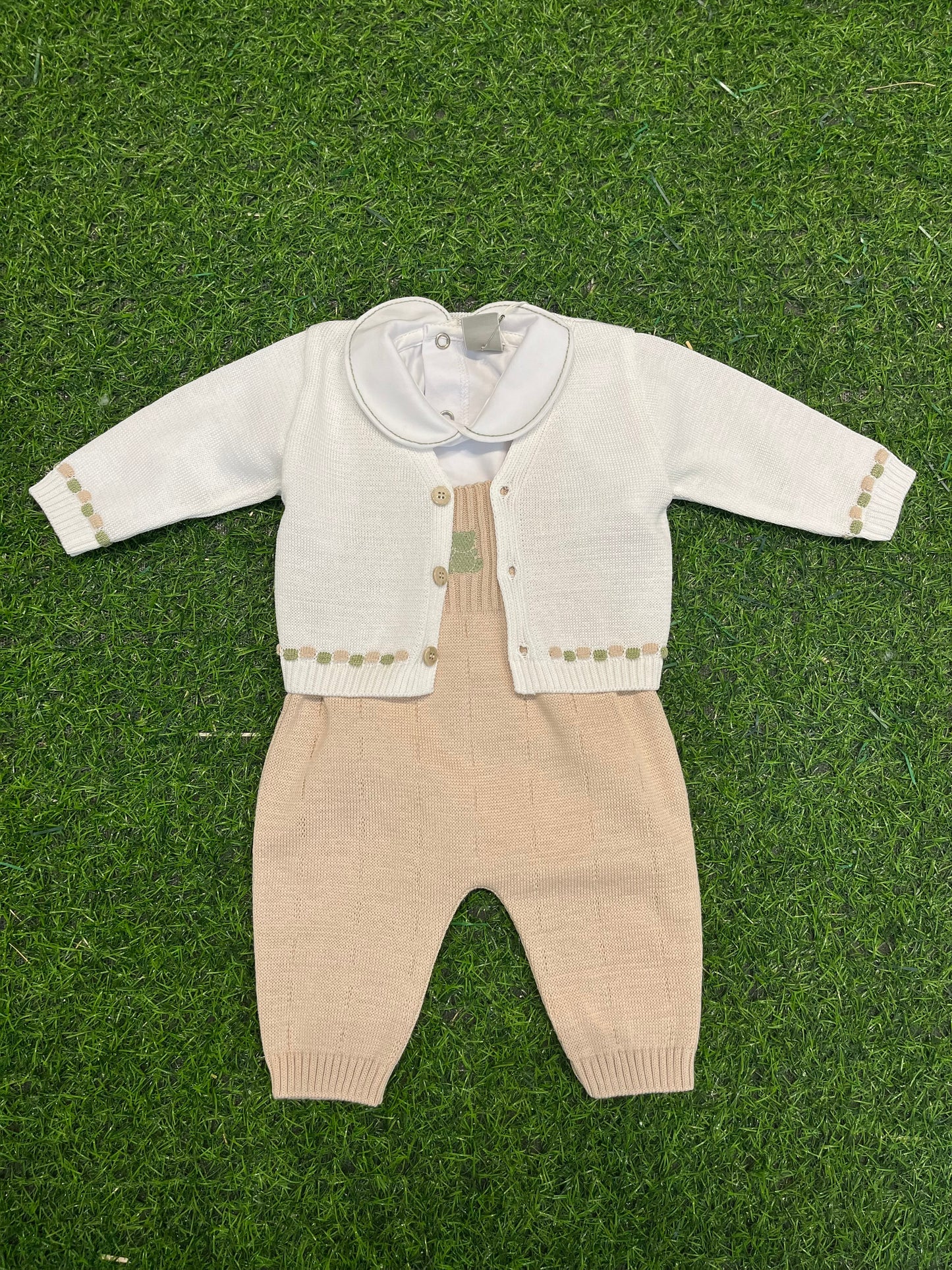 MARLU’ - salopette 3pz in filo di cotone bianco/verde oliva corredino p/e