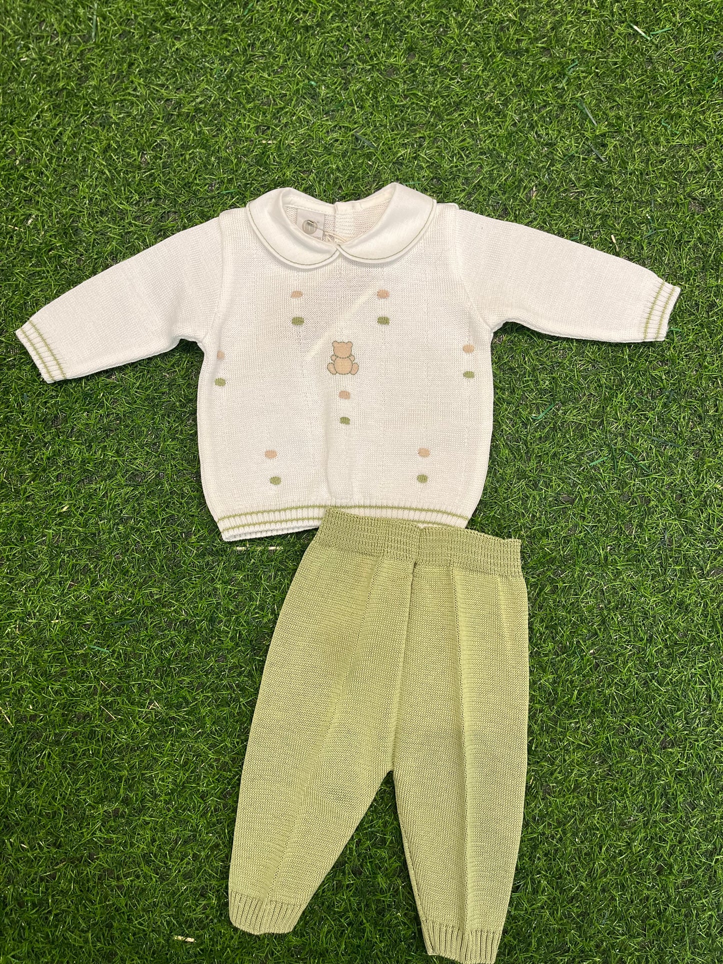 MARLU’ - completo 2pz in filo di cotone bianco/verde oliva corredino p/e