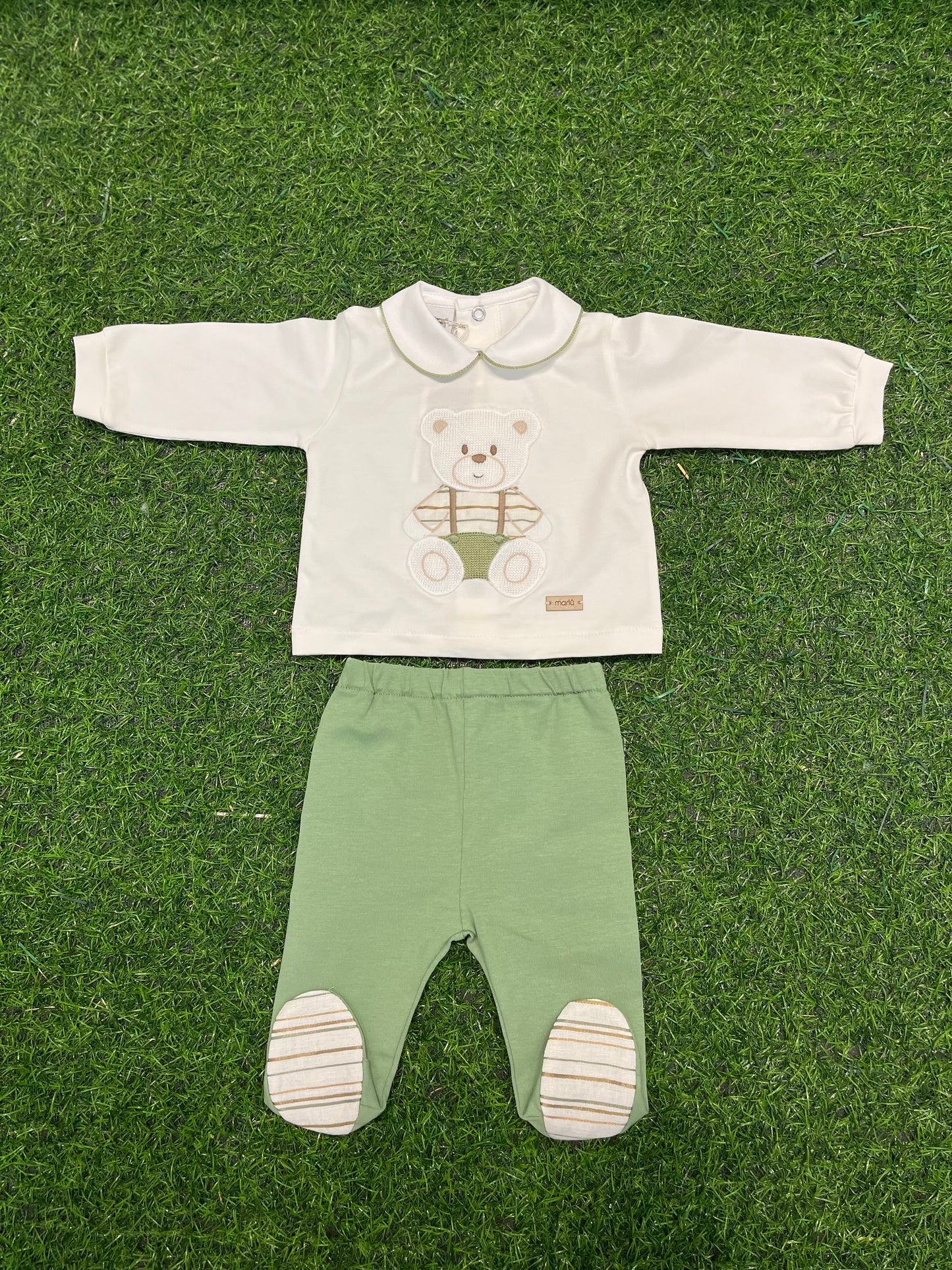 MARLU’ - completo in Jersey di cotone vaniglia/verde corredino p/e