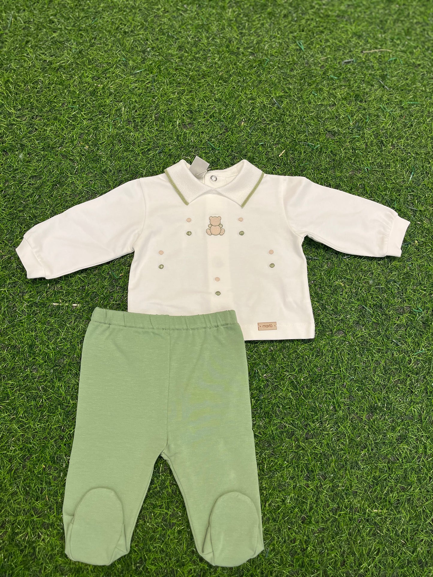 MARLU’ - completino in Jersey di cotone vaniglia/verde corredino p/e