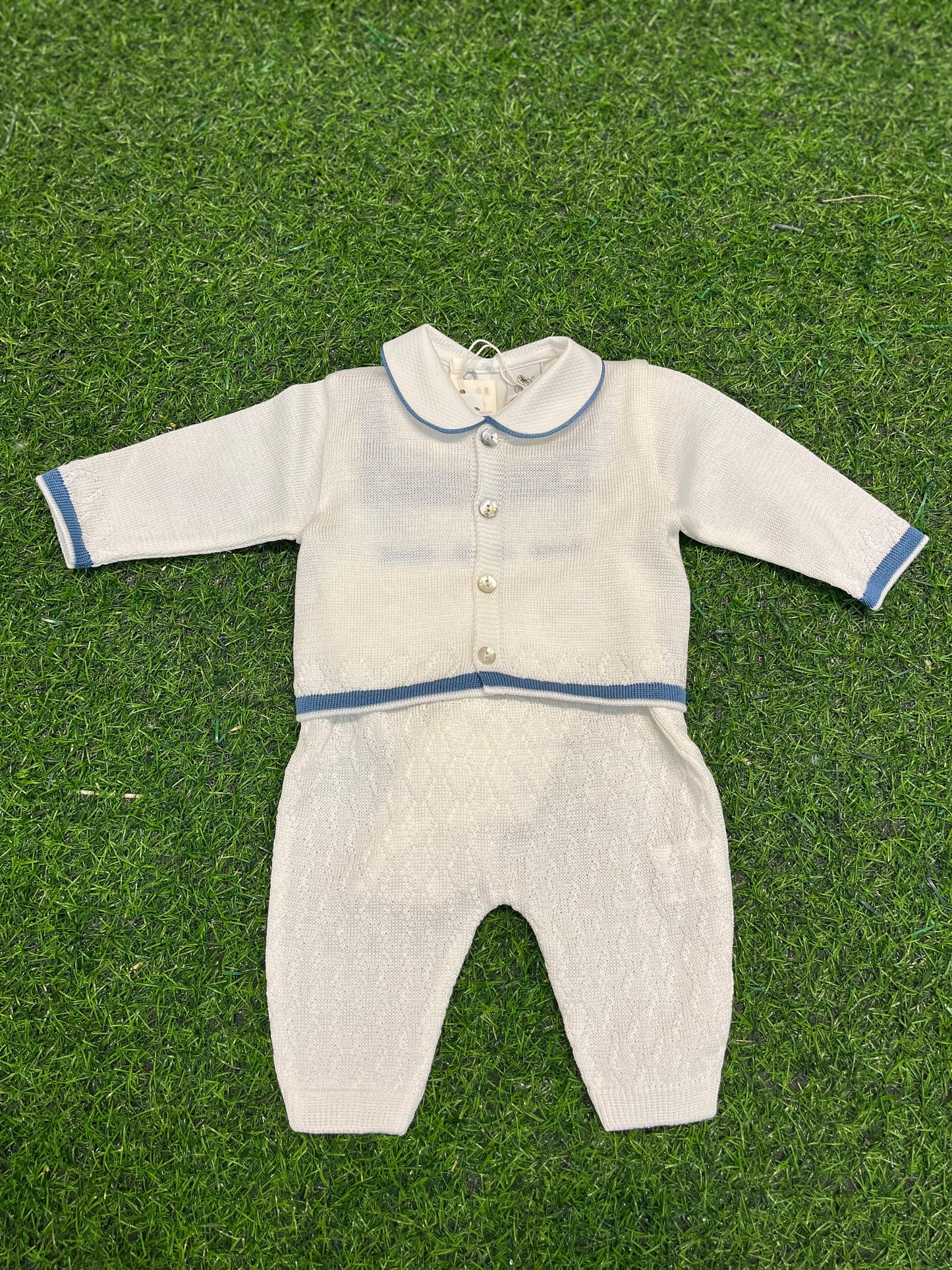 MARLU’ - set 3pz salopette in filo di cotone vaniglia/oceano corredino p/e