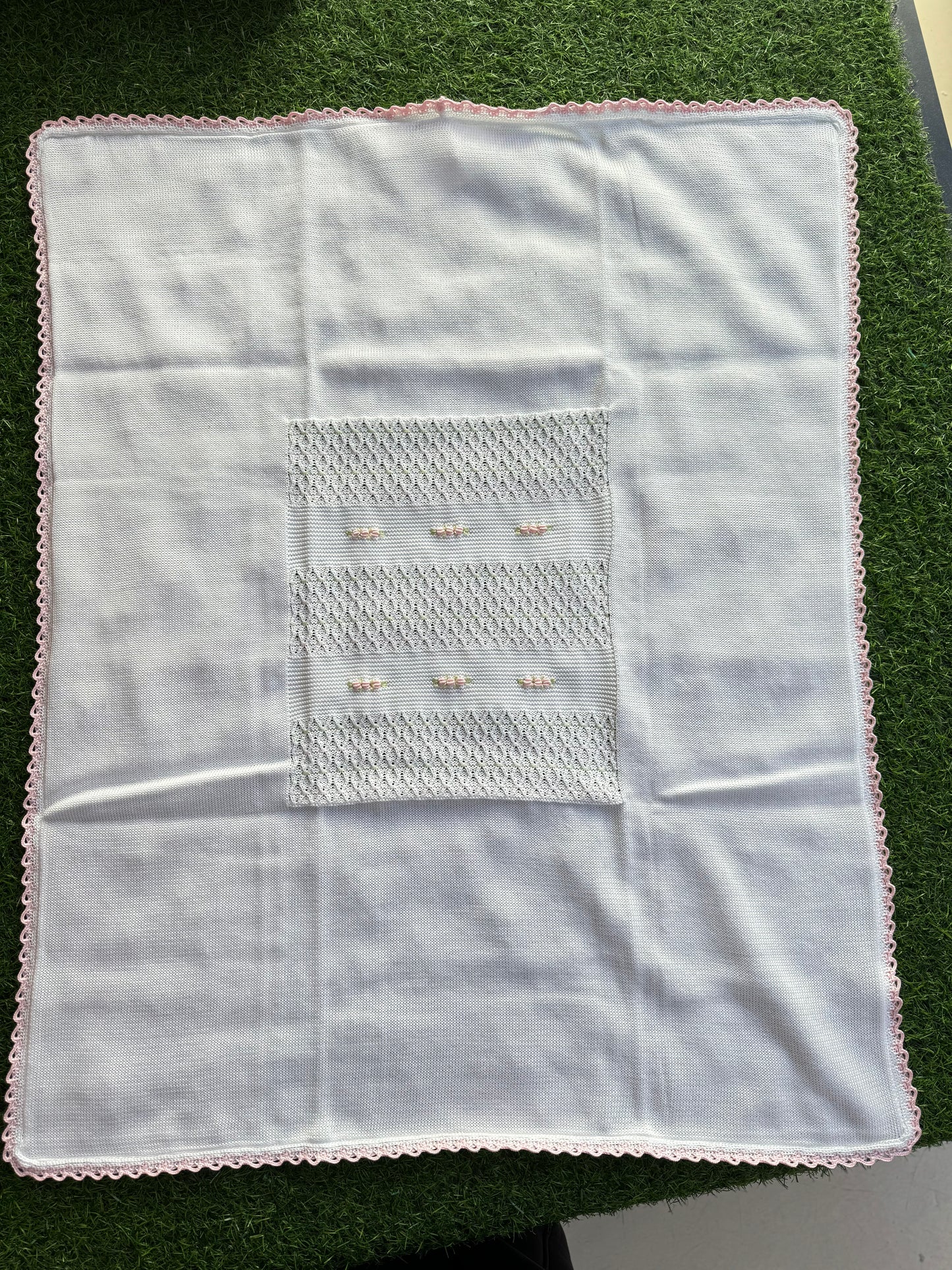 MARLU’ - coperta in filo di cotone bianco/rosa pesco/lime corredino p/e