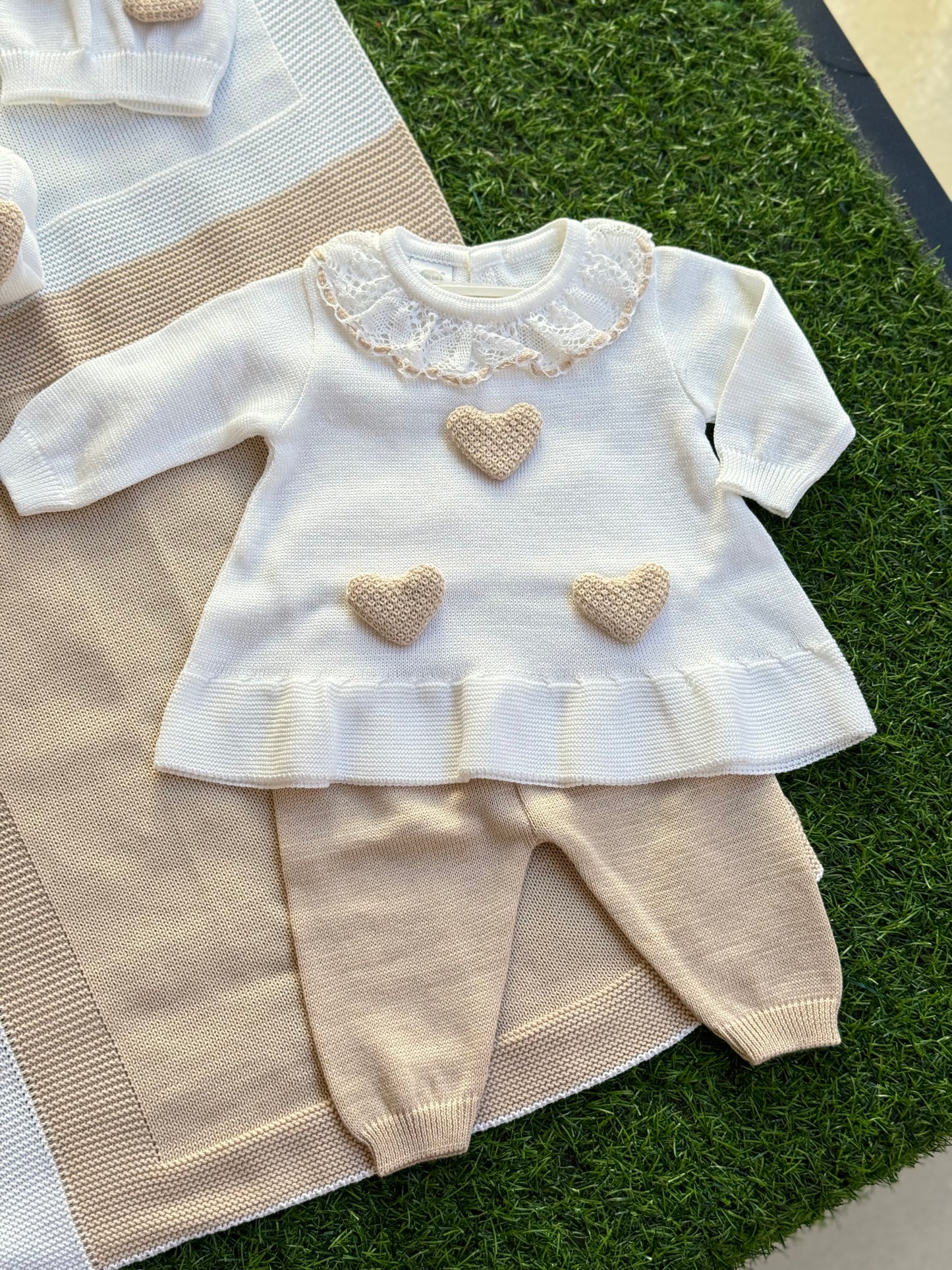 MARLU’ - completo 2pz in filo di cotone bianco/sabbia corredino p/e