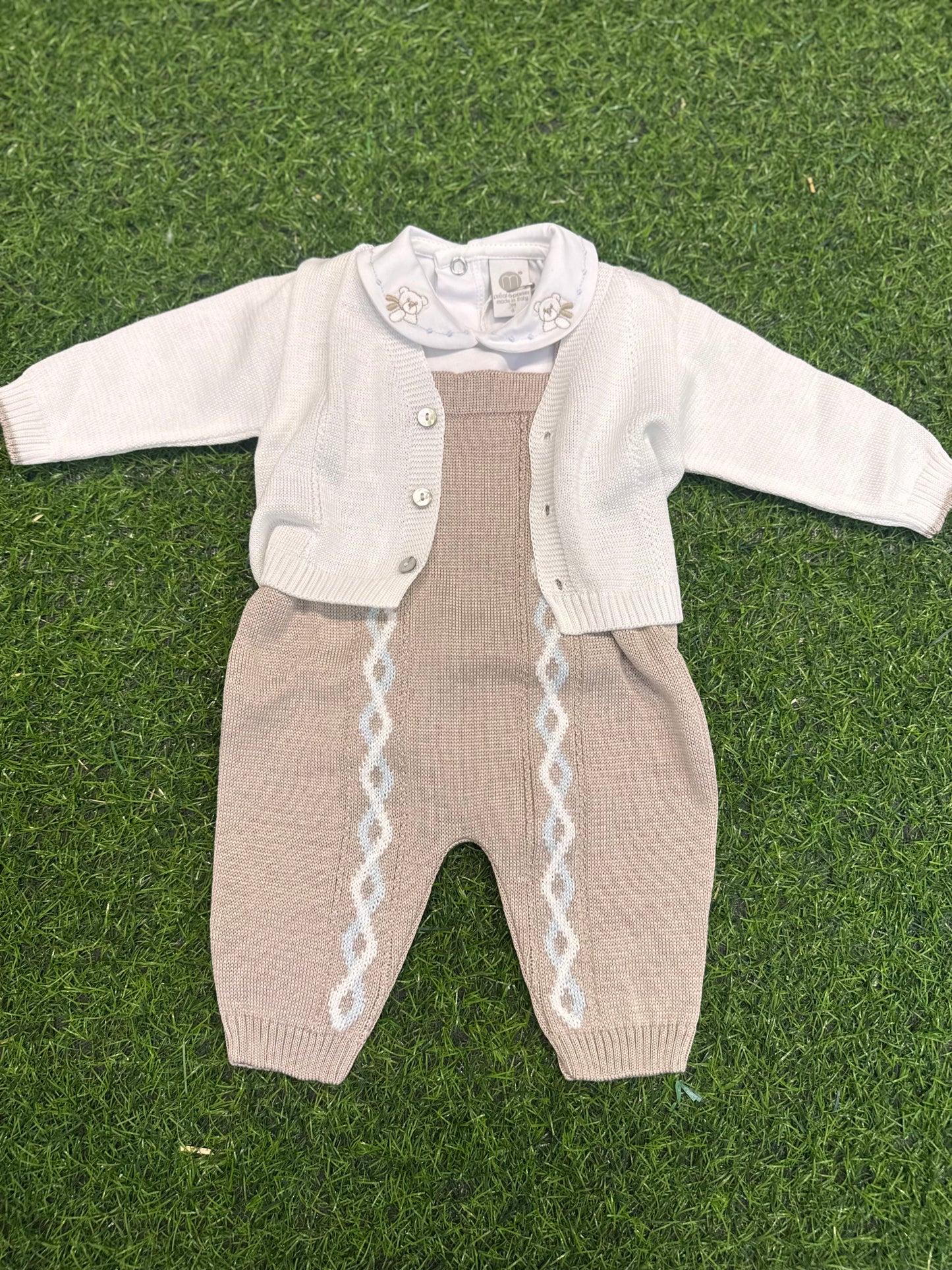 MARLU’ - salopette 3pz in filo di cotone bianco/noce/cielo corredino p/e