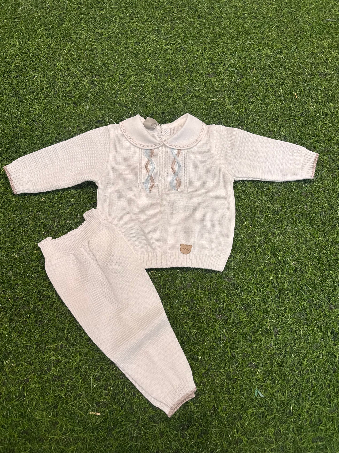 MARLU’ - completo 2pz in filo di cotone bianco/noce/cielo corredino p/e