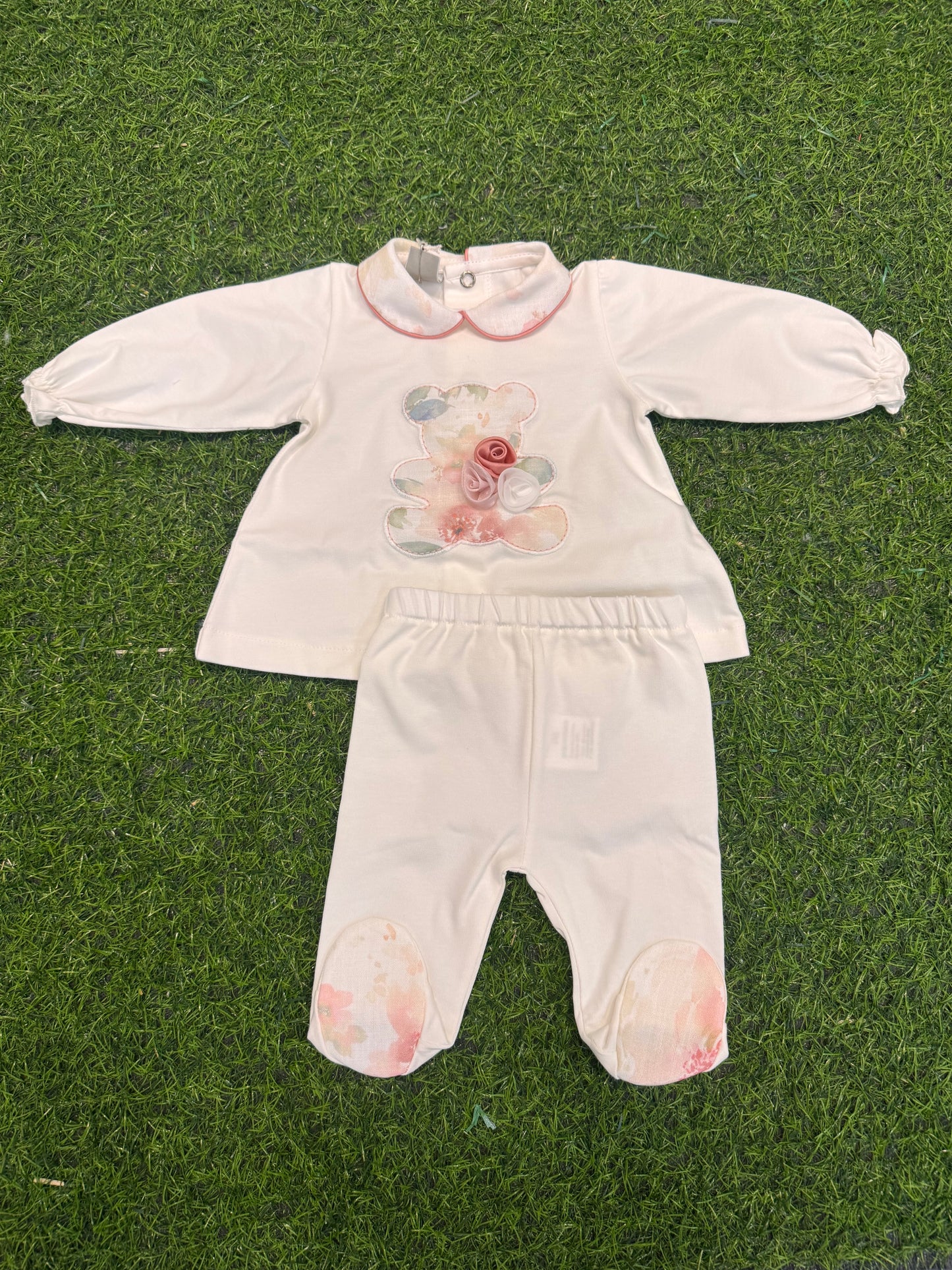 MARLU’ - completo 2 pz in Jersey di cotone vaniglia/rosa pesco corredino p/e