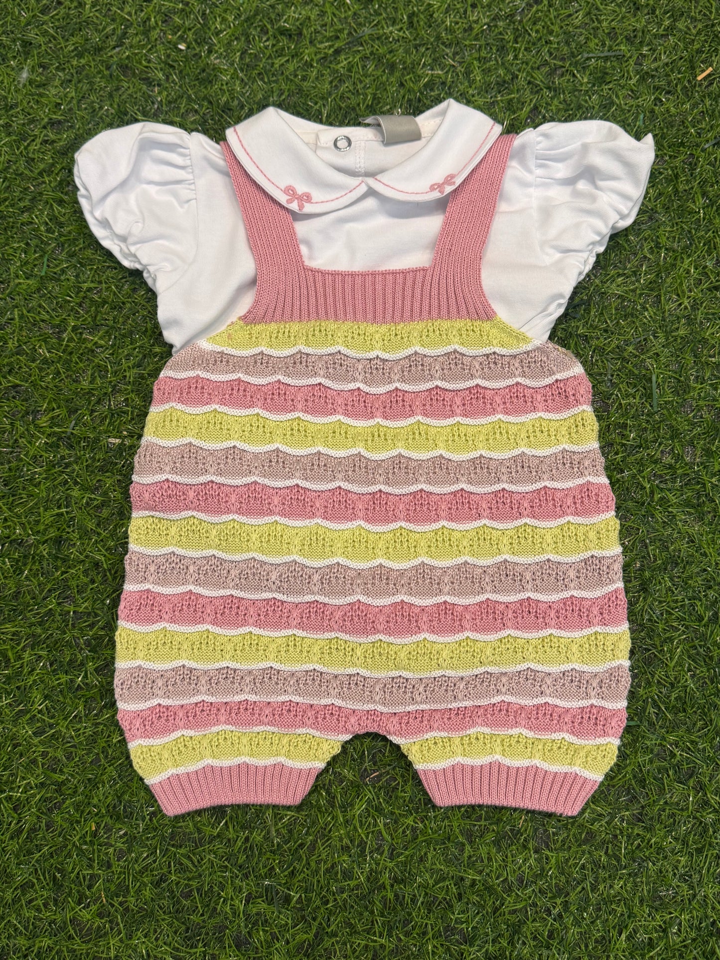 MARLU’ - completo 2pz salopette in filo di cotone melograno/multicolor corredino p/e