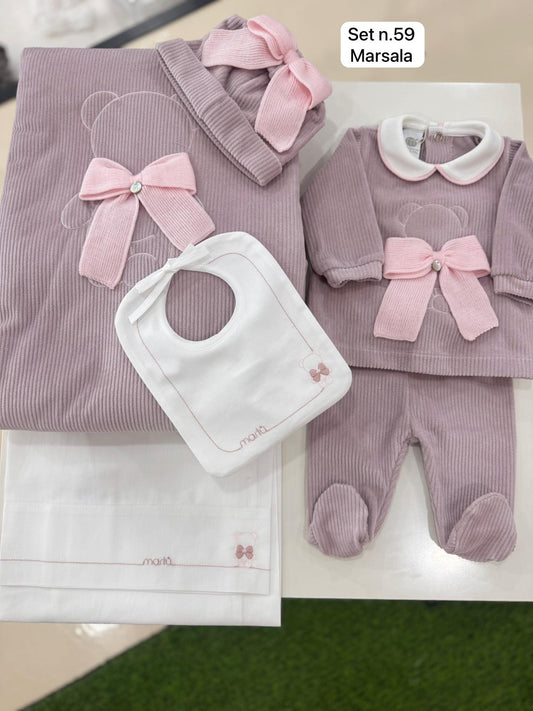 MARLU' - completo 2 pz orsetto ciniglia (set. 59 marsala) corredino invernale 25/26 - GIRL