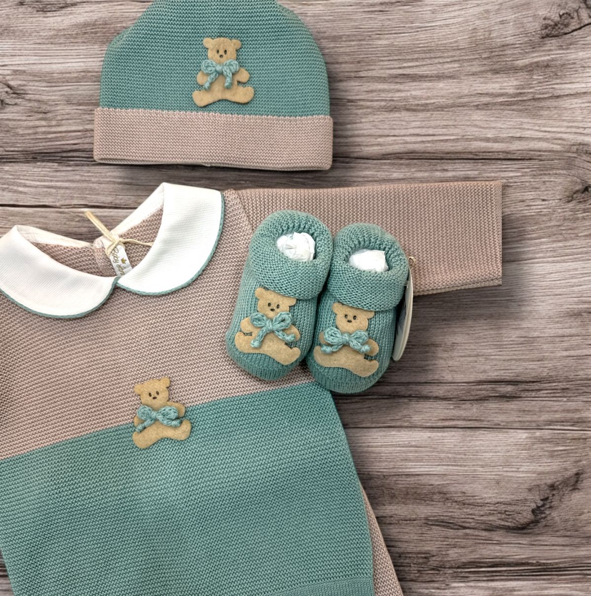 BABY LORD - completo 2pz + cuffietta + scarpine orsetto salvia corredino est 25 - BOY