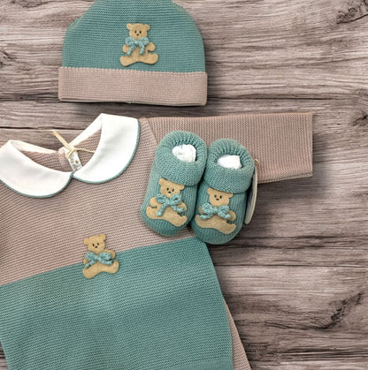 BABY LORD - completo 2pz + cuffietta + scarpine orsetto salvia corredino est 25 - BOY