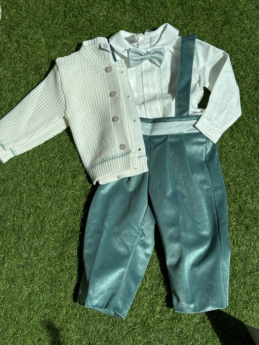 MARLU’ - completo bimbo 4 pz 100% lana/velluto vaniglia/verde salvia