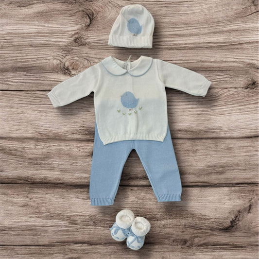 BABY LORD - completo 2 pz + cuffietta e scarpine in filo di cotone corredino est 25 - BOY