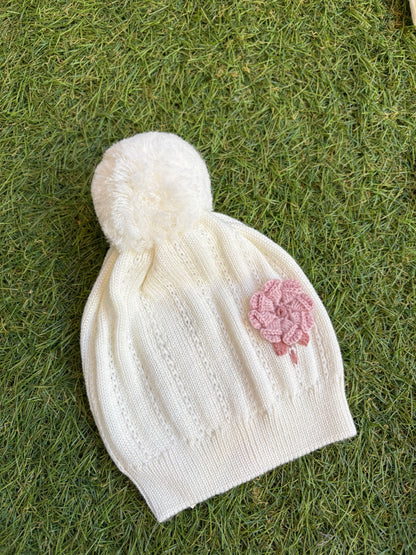 MARLÙ - cappellino 100% lana set n10 vaniglia/marsala
