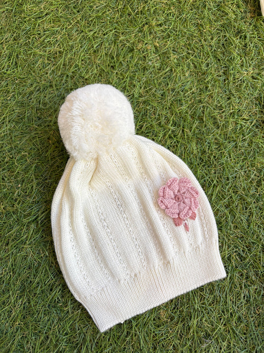 MARLÙ - cappellino 100% lana set n10 vaniglia/marsala