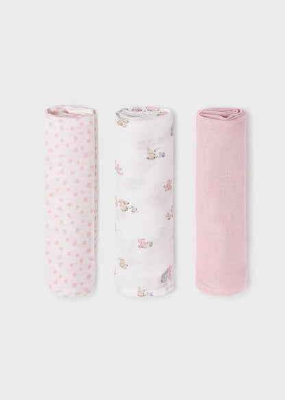MAYORAL - set 3 mussole di cotone 46x46 accessori corredino - GIRL