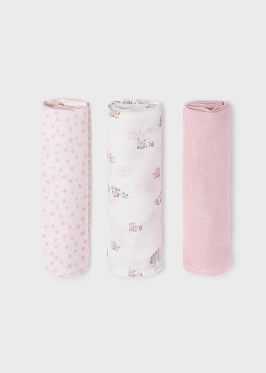 MAYORAL - set 3 mussole di cotone 46x46 accessori corredino - GIRL