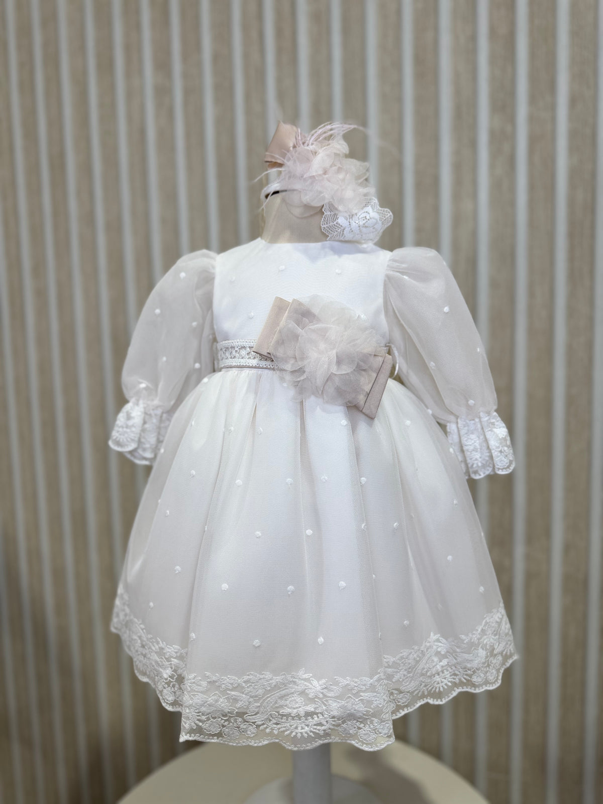 MARLÙ - abito battesimo c/fascia vaniglia/rosa/cammello