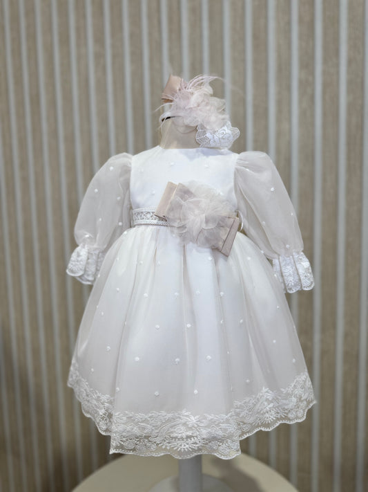 MARLÙ - abito battesimo c/fascia vaniglia/rosa/cammello