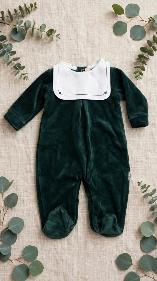 PAPPA E LATTE - tutina ciniglia bavetta quadrata verde petrolio - invernale