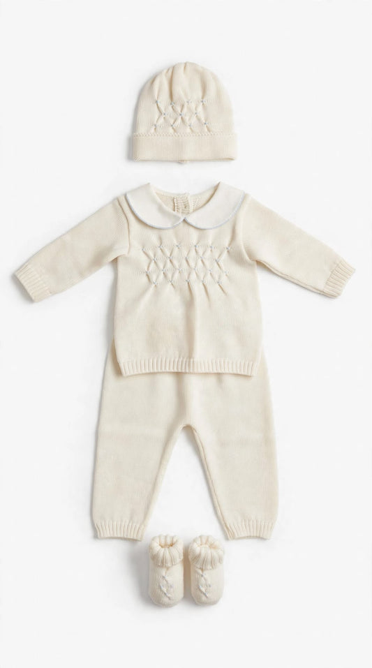 BABY LORD - completo nido d'ape e fiocco lana 100% bianco/cielo - invernale