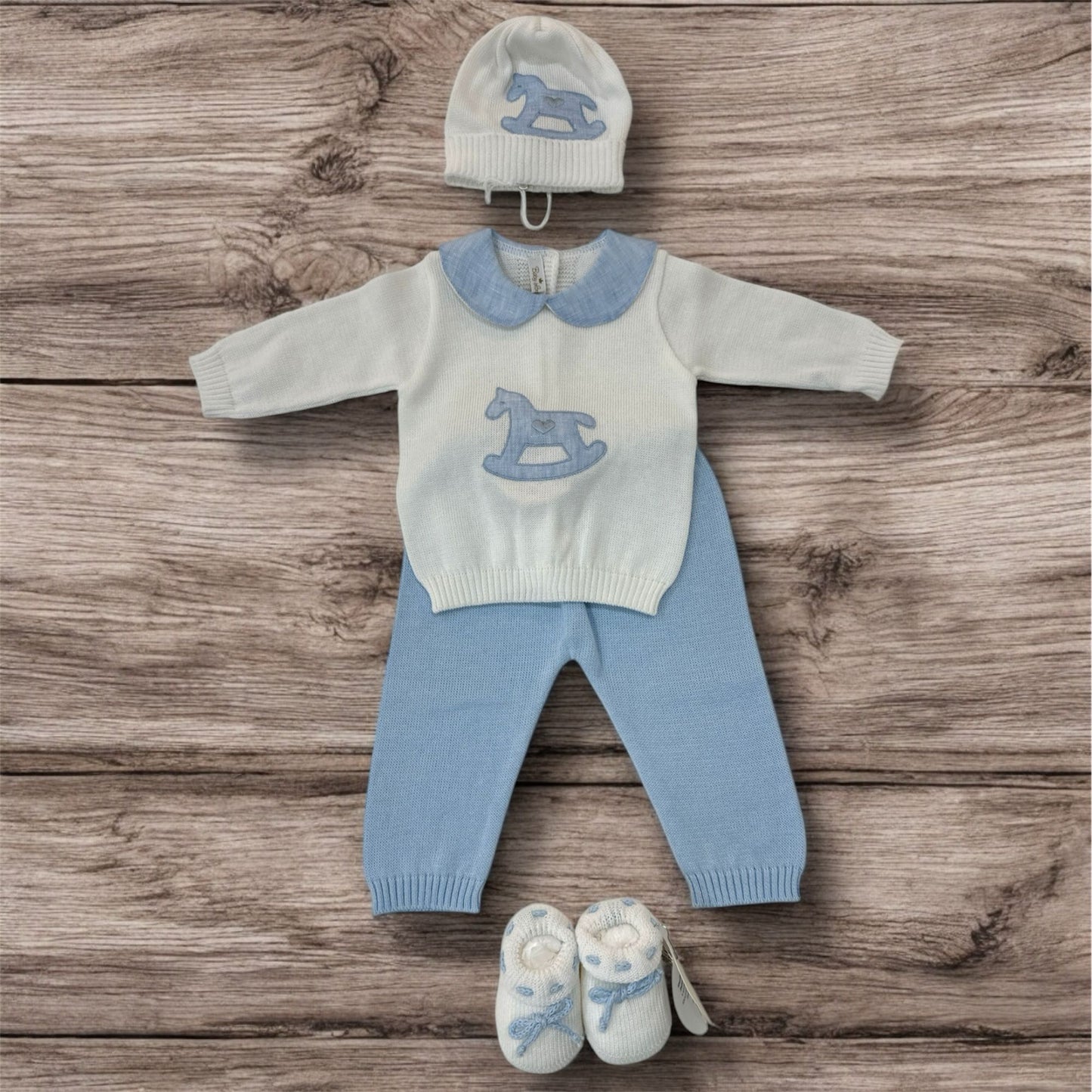BABY LORD - completo 2pz + cuffietta e scarpine in filo di cotone cavallucci corredino est 25 - BOY