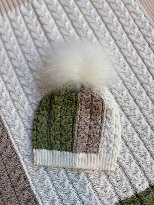 MARLÙ - cappellino pon pon vaniglia/tortora/ muschio ( set n59) invernale