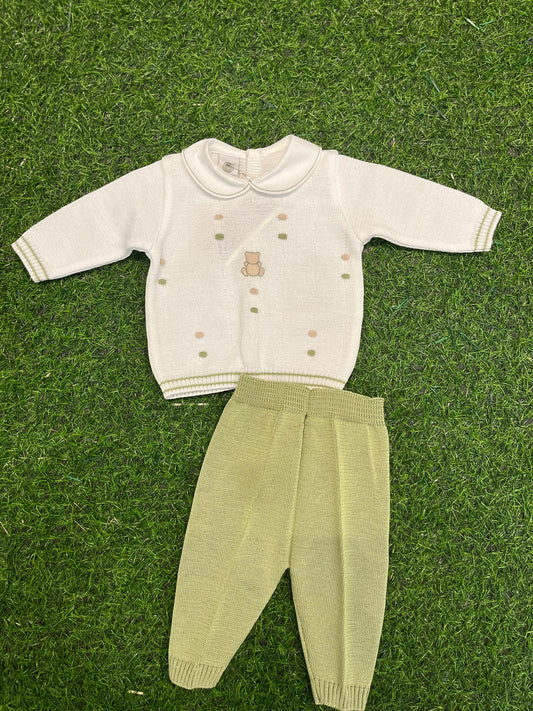 MARLU’ - completo 2pz in filo di cotone bianco/verde oliva corredino p/e