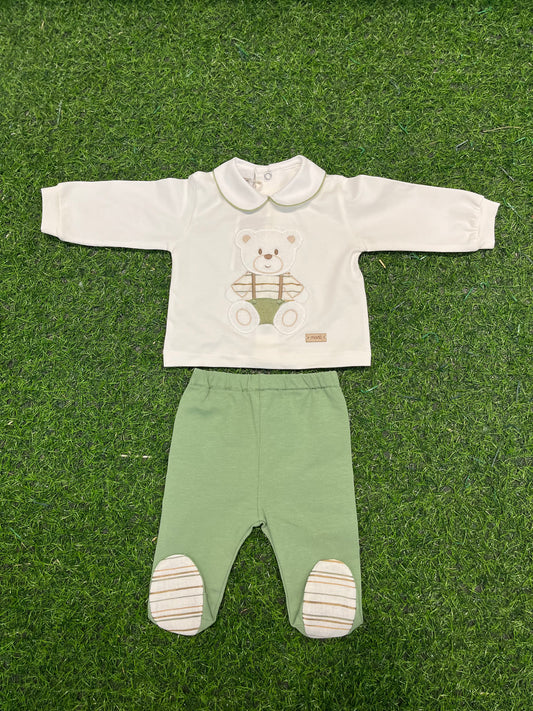 MARLU’ - completo in Jersey di cotone vaniglia/verde corredino p/e