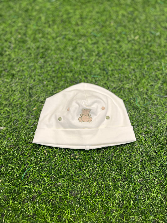 MARLU’ - cappellino in Jersey di cotone vaniglia/verde corredino p/e