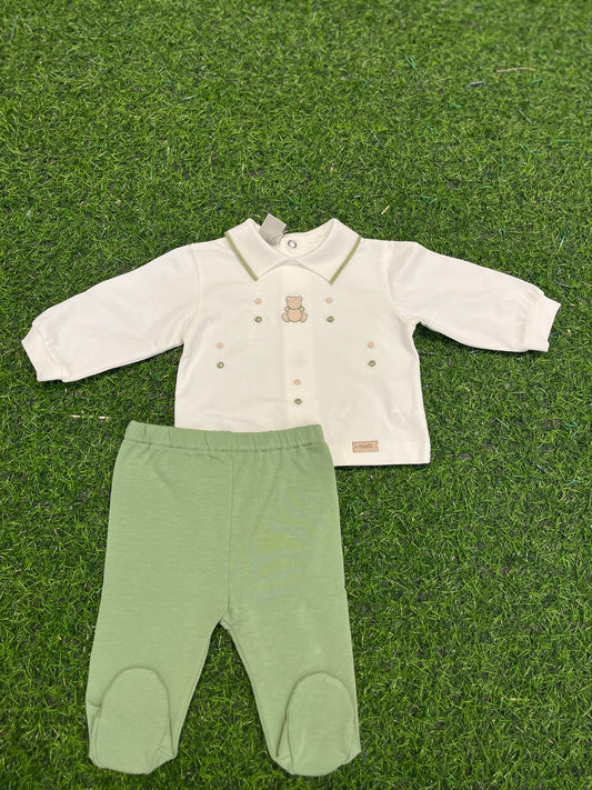 MARLU’ - completino in Jersey di cotone vaniglia/verde corredino p/e