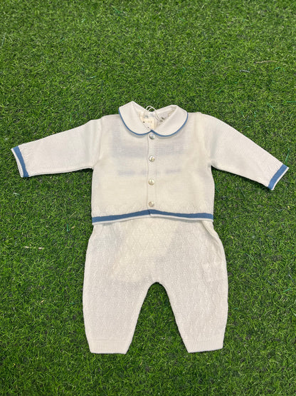 MARLU’ - set 3pz salopette in filo di cotone vaniglia/oceano corredino p/e