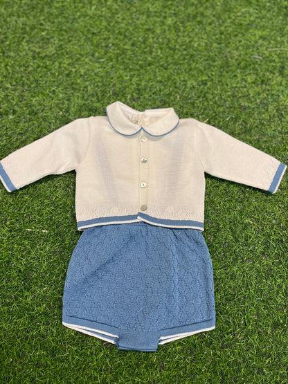 MARLU’ - salopette 3pz in filo di cotone e lino vaniglia/oceano corredino p/e