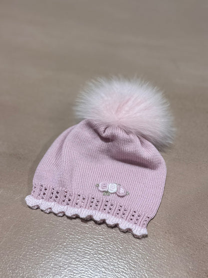 MARLU' - cappellino con pon pon 100% lana marsala/rosa  (set n. 27) - invernale