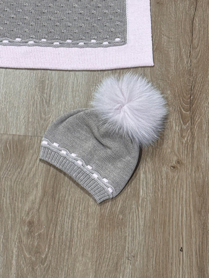 MARLU' - cappellino pon pon 100% lana tortora /rosa (set n.22) - invernale