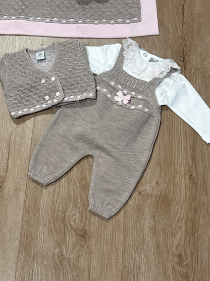 MARLU' - COMPLETINO 3 PEZZI 100% LANA tortore/rosa (set n.22) - invernale