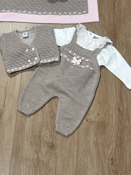 MARLU' - COMPLETINO 3 PEZZI 100% LANA tortore/rosa (set n.22) - invernale