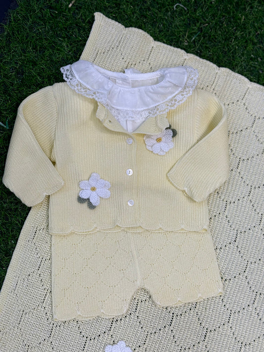 MARLU’ - completino 3pz in filo di cotone bianco/giallo corredino p/e