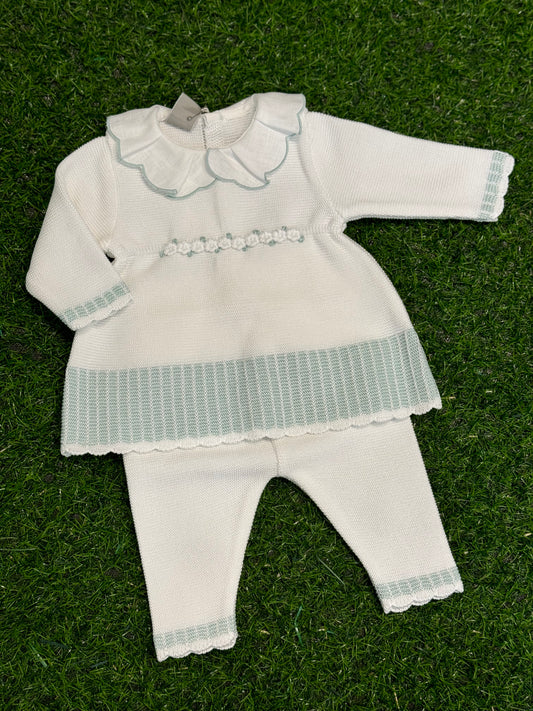 MARLU’ - completo 2pz in filo di cotone bianco/verde salvia corredino p/e