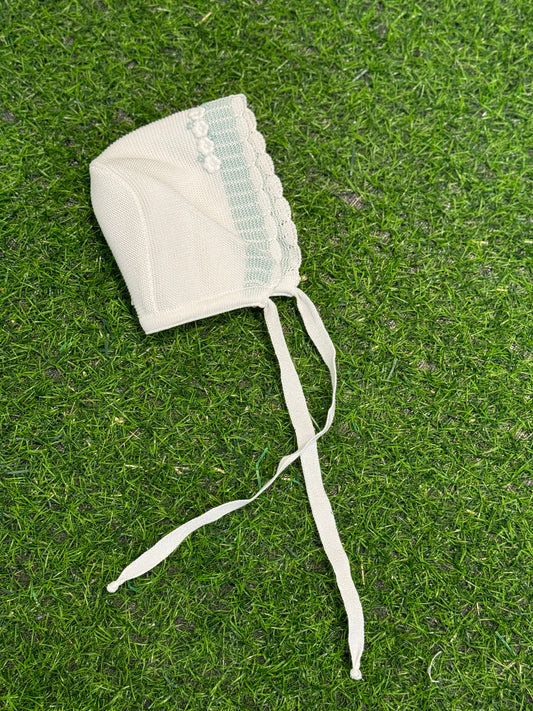 MARLU’ - cuffietta in filo di cotone bianco/verde salvia corredino p/e