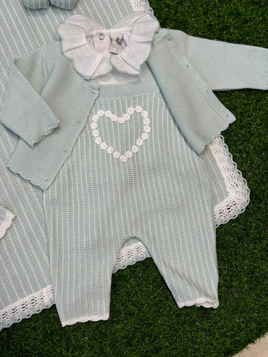 MARLU’ - completo 3pz in filo di cotone bianco/verde salvia corredino p/e