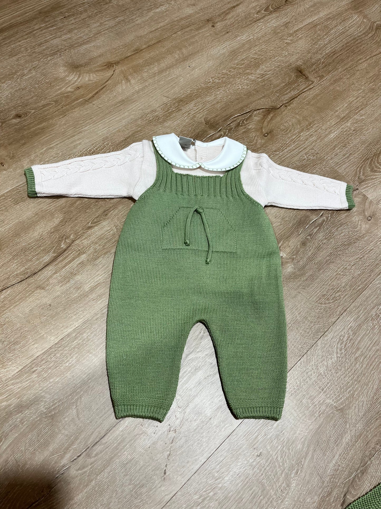 MARLU' - completo 2 pezzi salopette muschio/mandorla 100% lana (set n.70) - invernale
