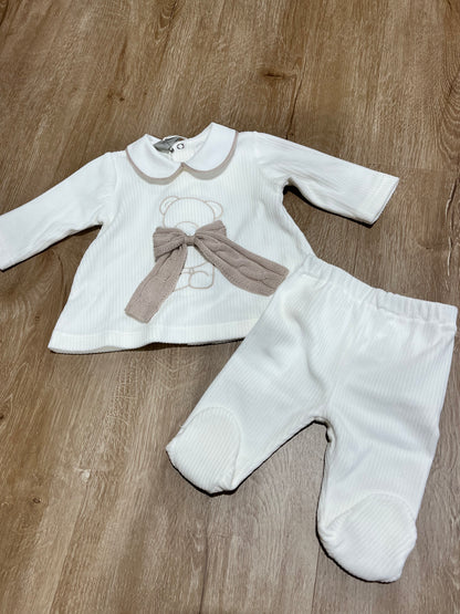 MARLU' - completino 2 pezzi ciniglia unisex vaniglia/cammello (set n.67) -invernale