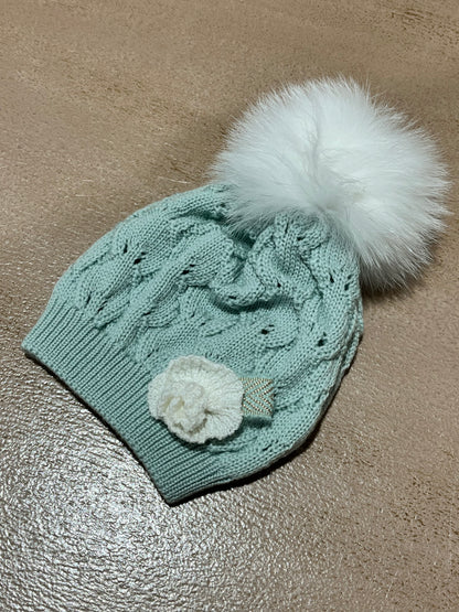 MARLU' - cappellino pon pon 100% lana lichene/vaniglia (set n.20) - invernale