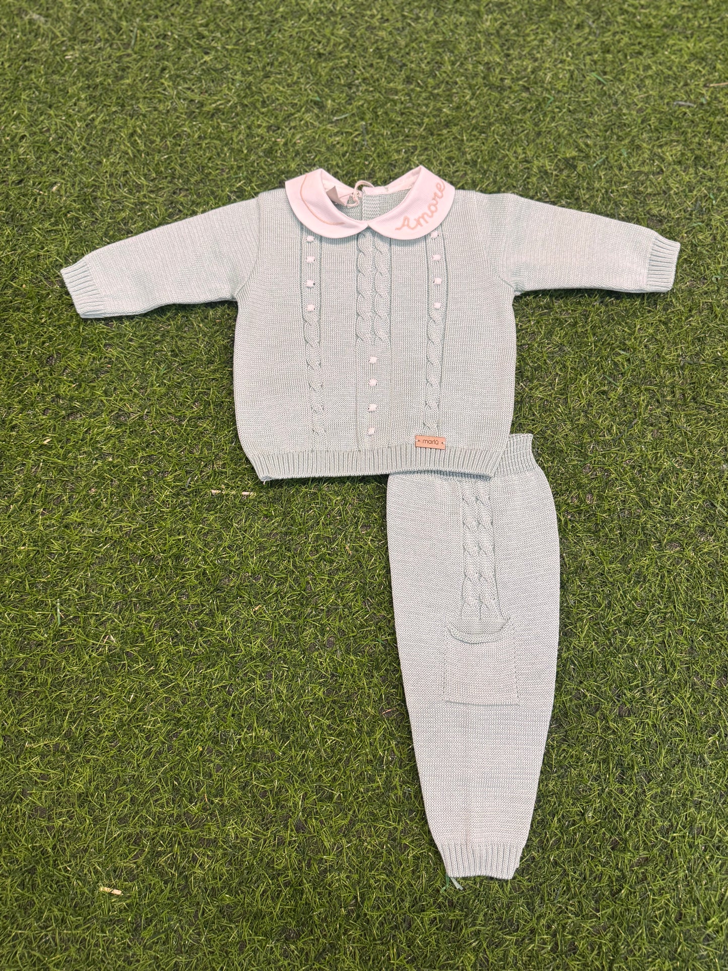 MARLU’ - completo 2pz in filo di cotone verde salvia corredino p/e