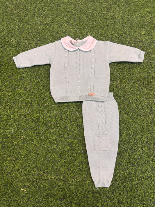 MARLU’ - completo 2pz in filo di cotone verde salvia corredino p/e