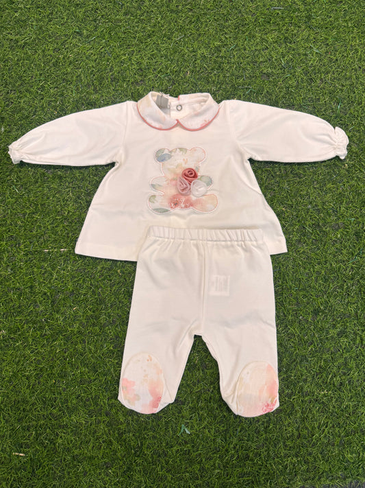 MARLU’ - completo 2 pz in Jersey di cotone vaniglia/rosa pesco corredino p/e