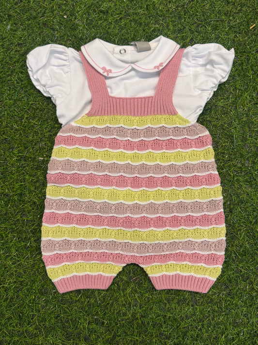 MARLU’ - completo 2pz salopette in filo di cotone melograno/multicolor corredino p/e