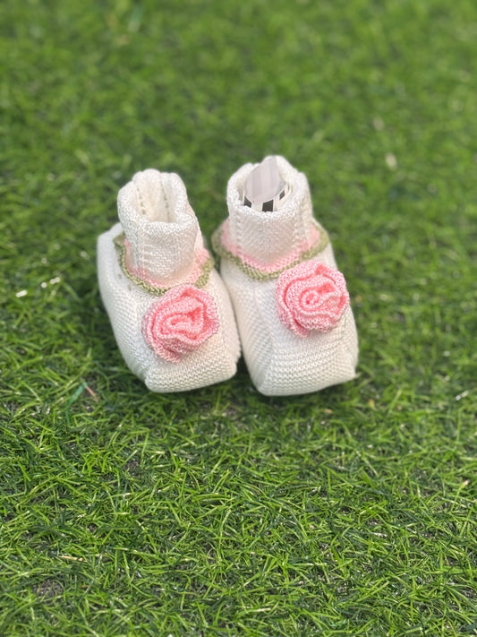 MARLU’ - scarpine in filo di cotone vaniglia/pesco/verde oliva corredino p/e